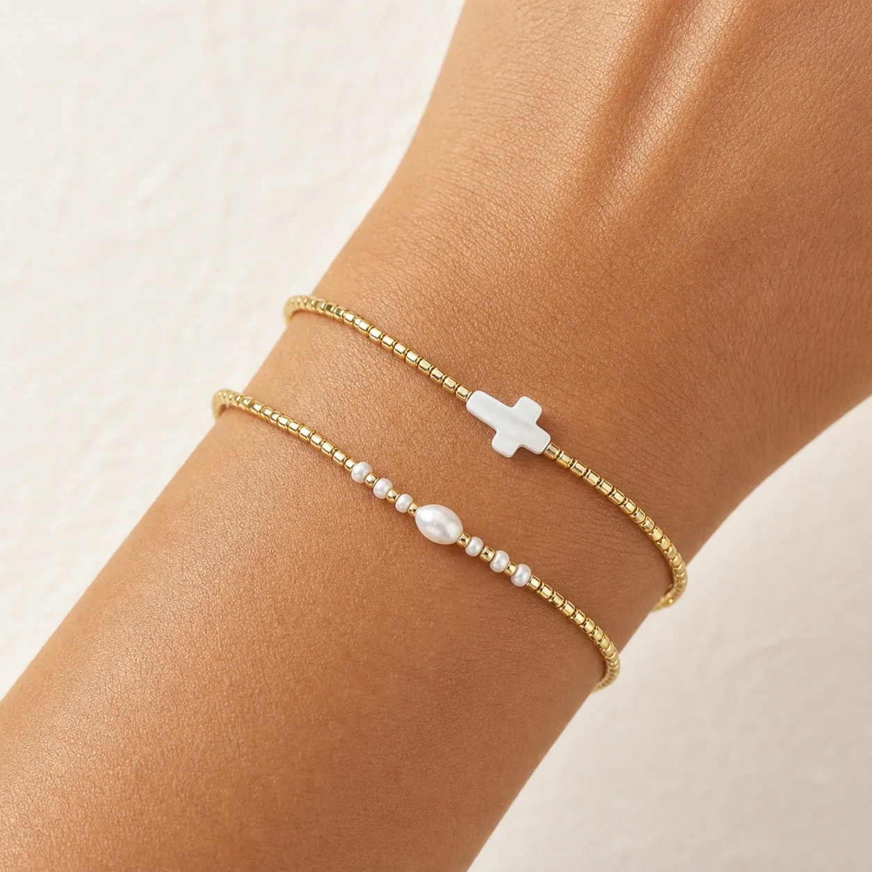 2pcs White Cross Charm Glass Beaded String Bracelet with Gold Color Beads and Tie Closure Minimalist Beach Style for Women
