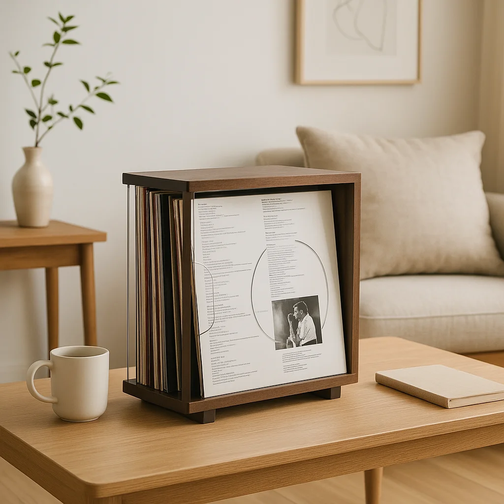 Vinyl Record Storage Walnut Holder Shelf,LP Album Display Organizer Solid Wood Turntable Stand Acrylic Cover Box