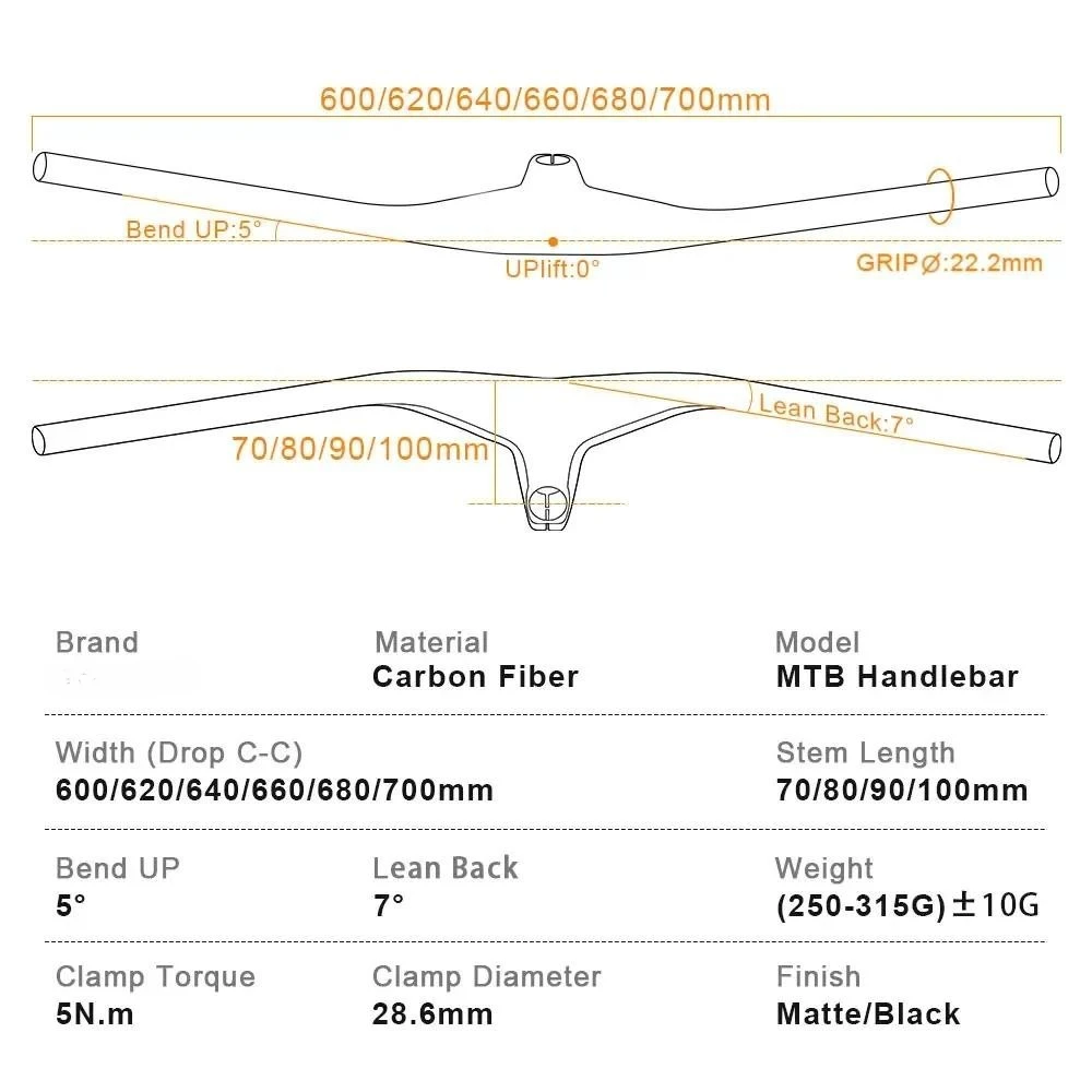 NO Logo Full Carbon Fiber Integrated MTB Handlebar and Stem 28.6mm for Mountain Bike 70/80/90/100mm 600-800mm Matt Black