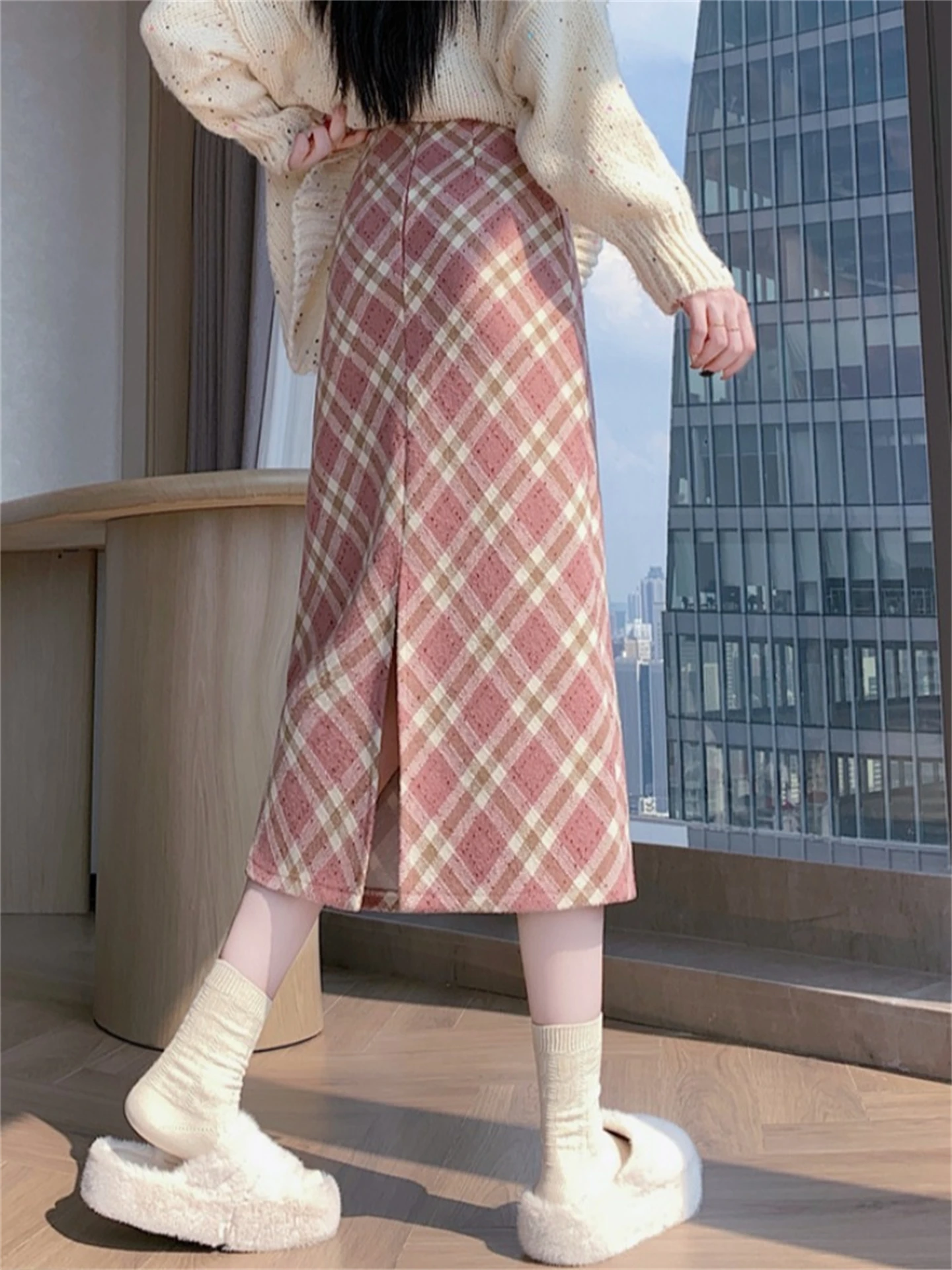 

Милая длинная юбка-трапеция большого размера из розовой шерстяной ткани в клетку с высокой талией, в корейском стиле, с разрезом сзади, прямого кроя