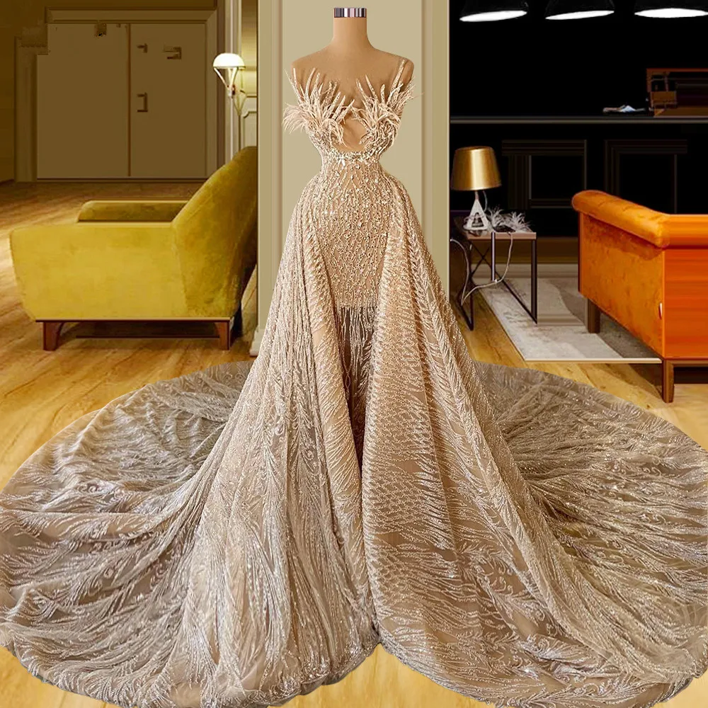 

Luxury Mermaid Gold Evening Dresses Feathers Lace Illusion Prom Gowns Custom Made with Detachable Train Party Dresses