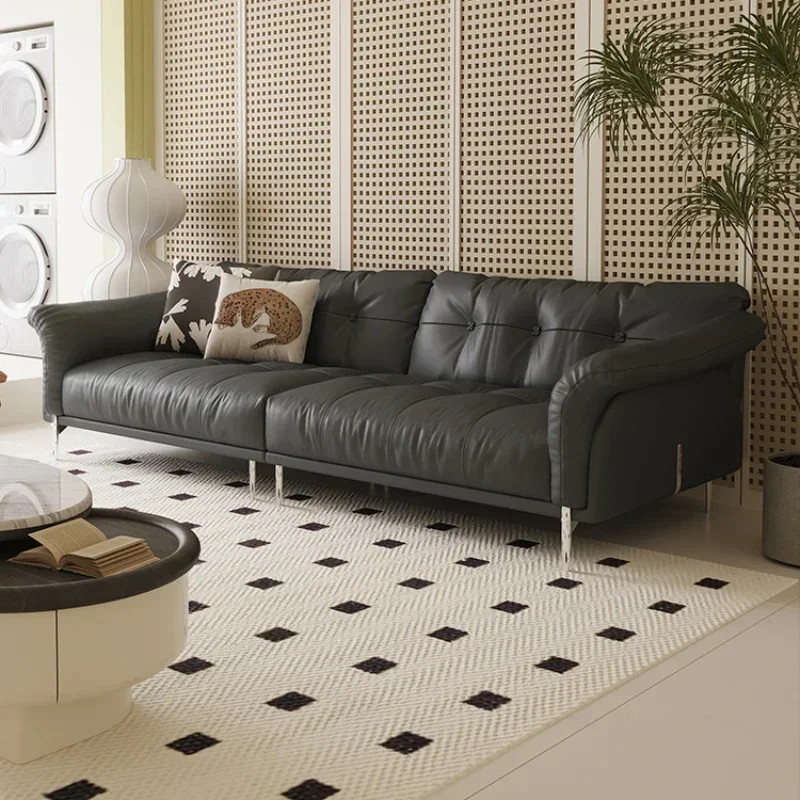 

Small Apartment Straight Row High Leg Leather Sofa First Layer Cowhide Hepburn Black Living Room Home