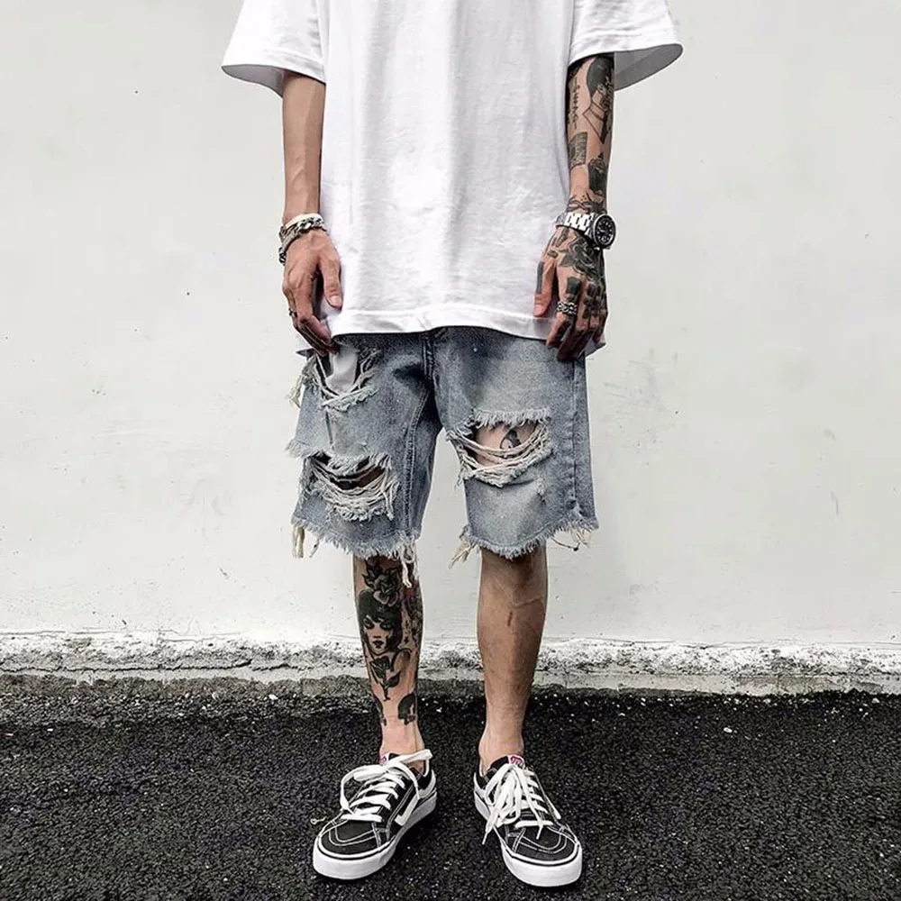 Mens Y2k Unique Shorts 2024 Summer New Fashion Trend Ripped Jeans Loose Large Size Shorts High Quality Old Retro Casual Shorts