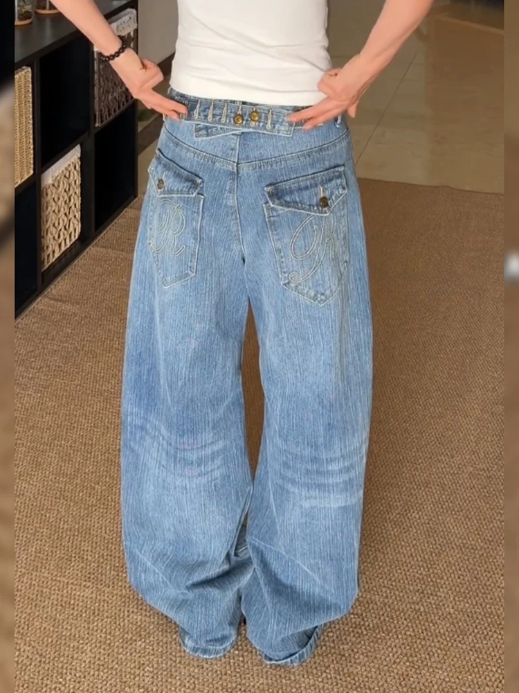 

Loose Fitted Vintage American Denim Jeans Women Summer Spicy Paris Adjustable Buckle Design Floor-Length Pants