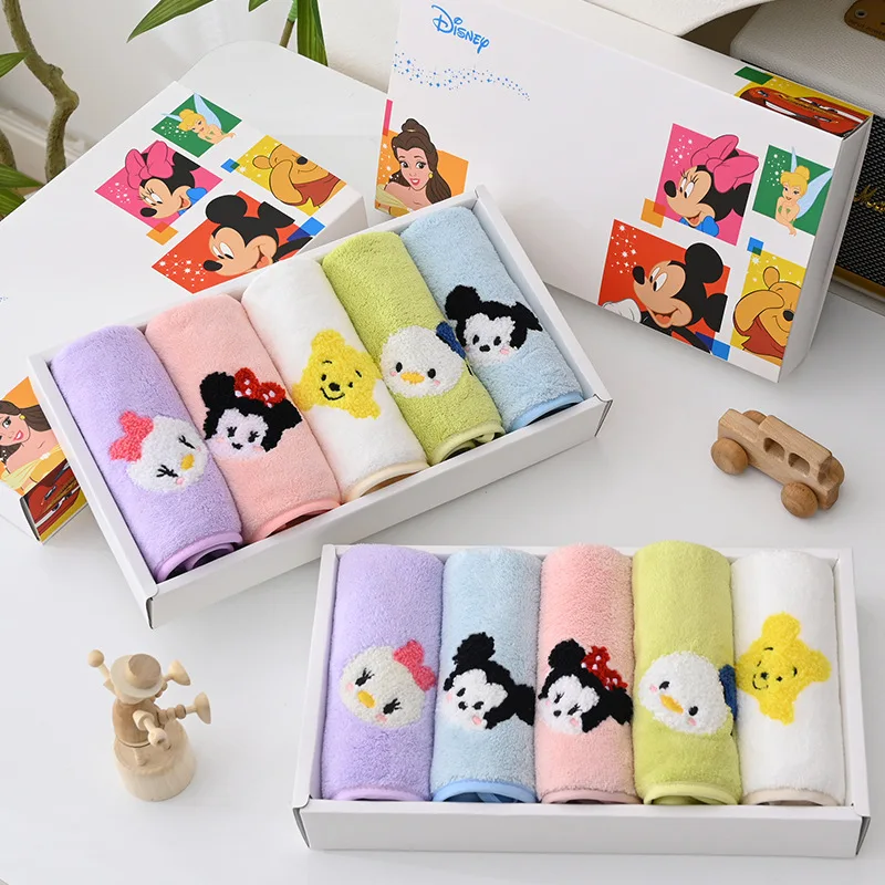 Genuine Disney Mickey Mouse Minnie Cute Square Towel Baby Super Soft Handkerchief Cartoon Children\'s Washcloth 5Pcs Towel Set