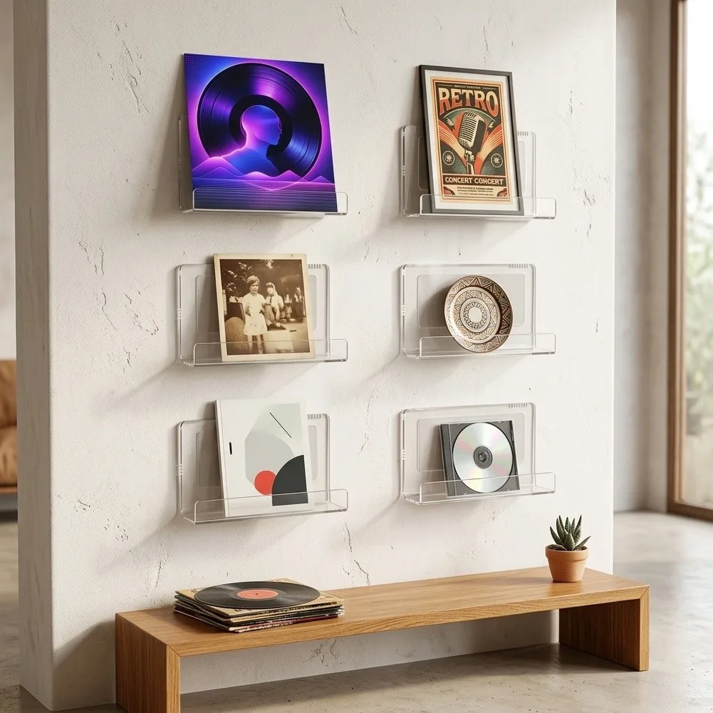 Transparent Wall Mounted Vinyl Record Display Stands 6 Pack Designed for Permanent or Temporary Wall Arrangements in Any Room