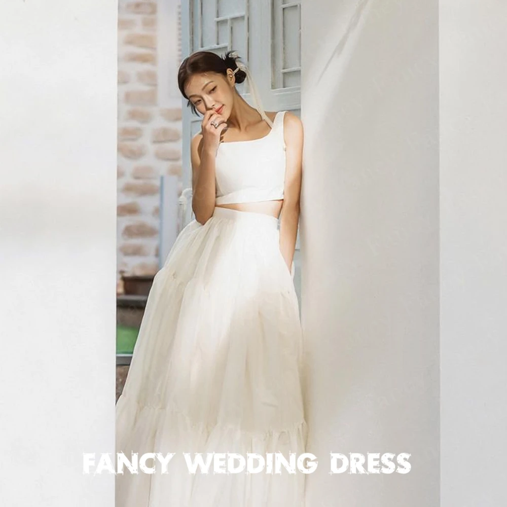 Fancy Special 2 PCS Korea Wedding Dress Photography A Line Sleeveless Satin Bridal Gown Floor Length 웨딩드레스 Custom Made