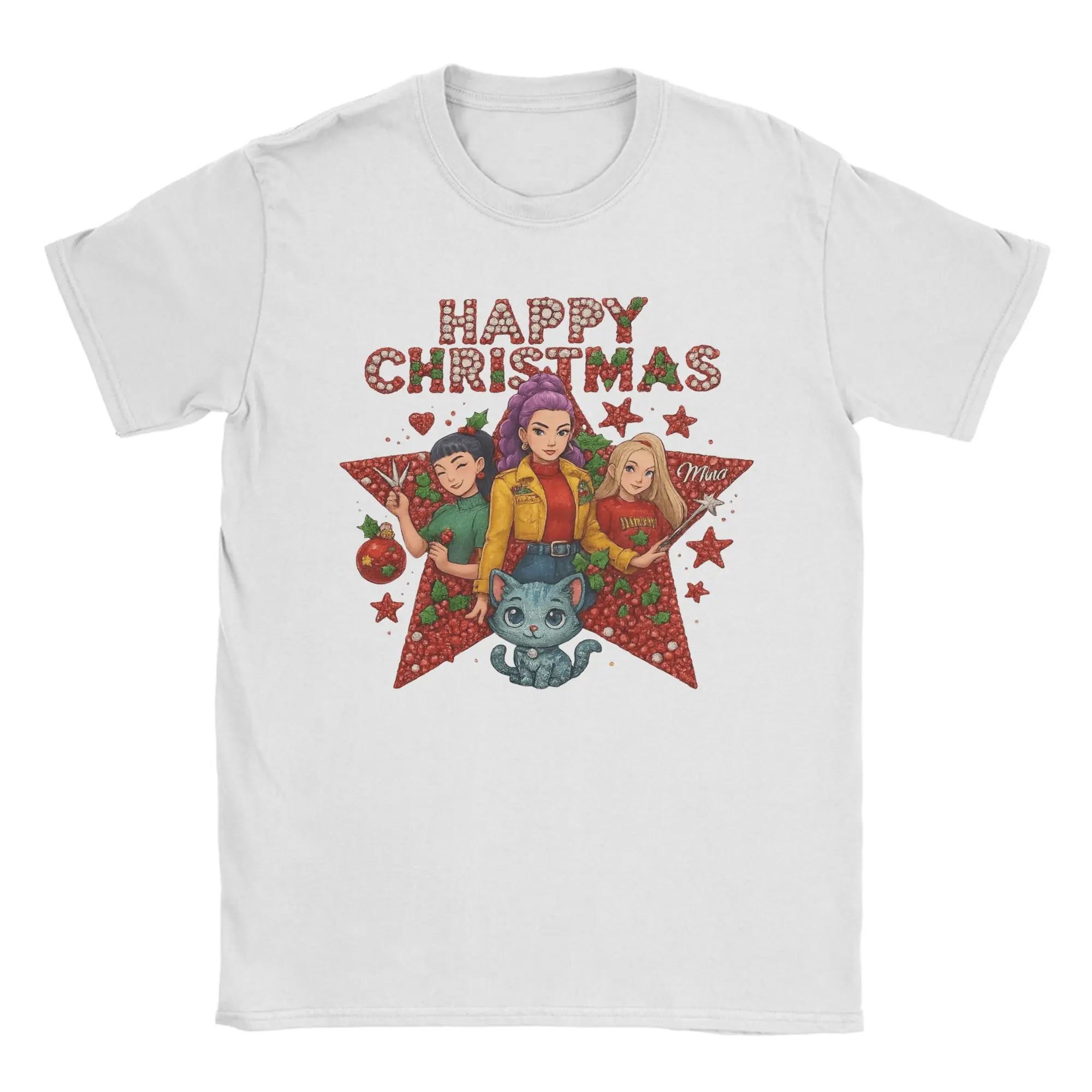 

Kpop Demon Hunters Christmas Huntrix Girls Merry Xmas Mira Rumi Zoey T-Shirts Men Vintage Cotton Tees Round Neck T Shirt Clothes