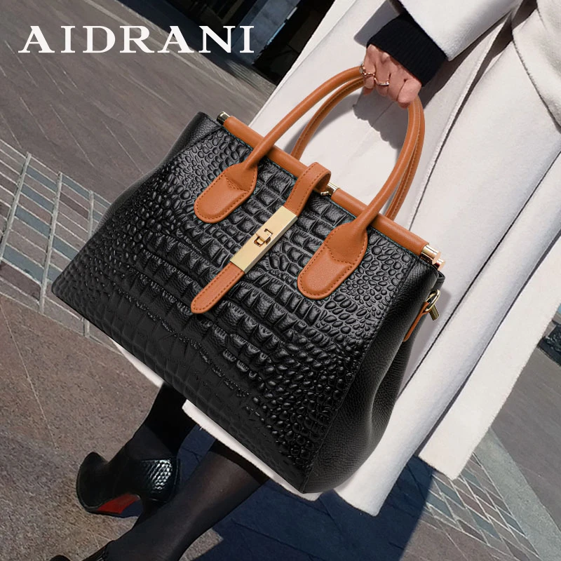 Aidrani New women's leather bag, large capacity color blocking design handbag with crocodile pattern printed on the surface