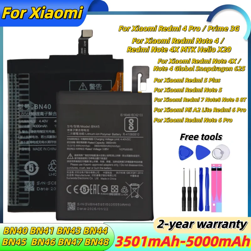 

Li-ion Battery For Xiaomi Redmi 4 Note 4/4x MTK 625 5Plus 5 7 8 8T 6 Mi A2 Lite 6 Pro Replace phone battery