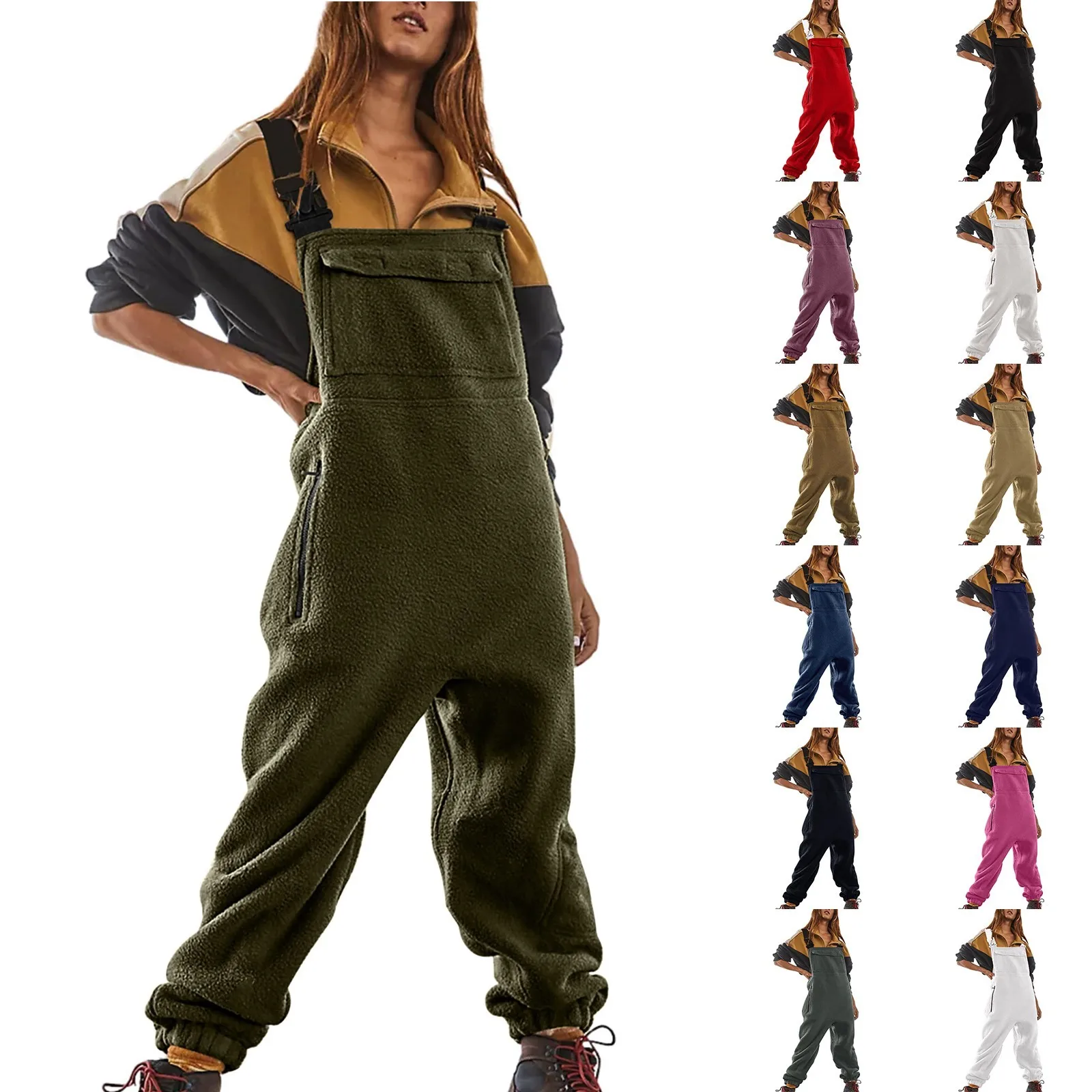 Women'S Oversized Jumpsuit, Women'S Solid Color Fashionable Jumpsuit With Pockets, Autumn And Winter Plus Plush Thick Jumpsuit