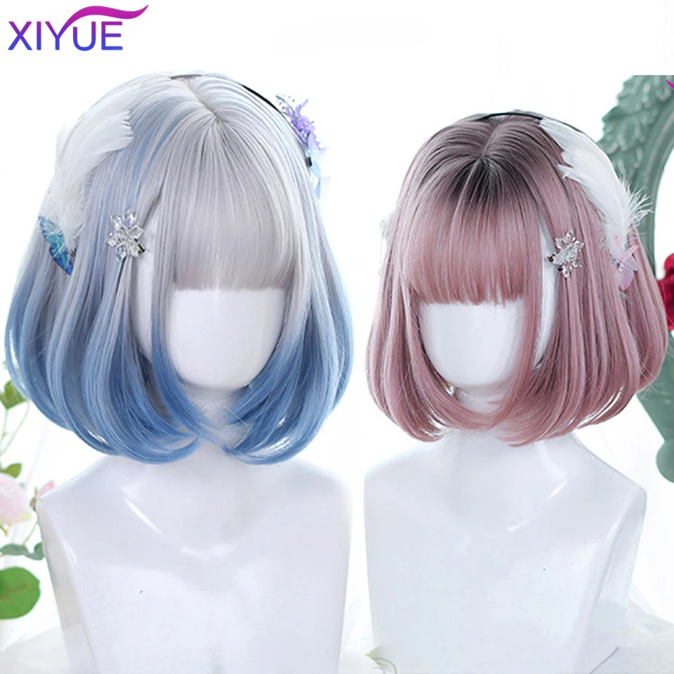 XIYUE Short Straight Synthetic Wigs for Women Silvery to Blue Ombre Bob Wigs with Bangs Daily Cosplay Party Heat Resistant Fake