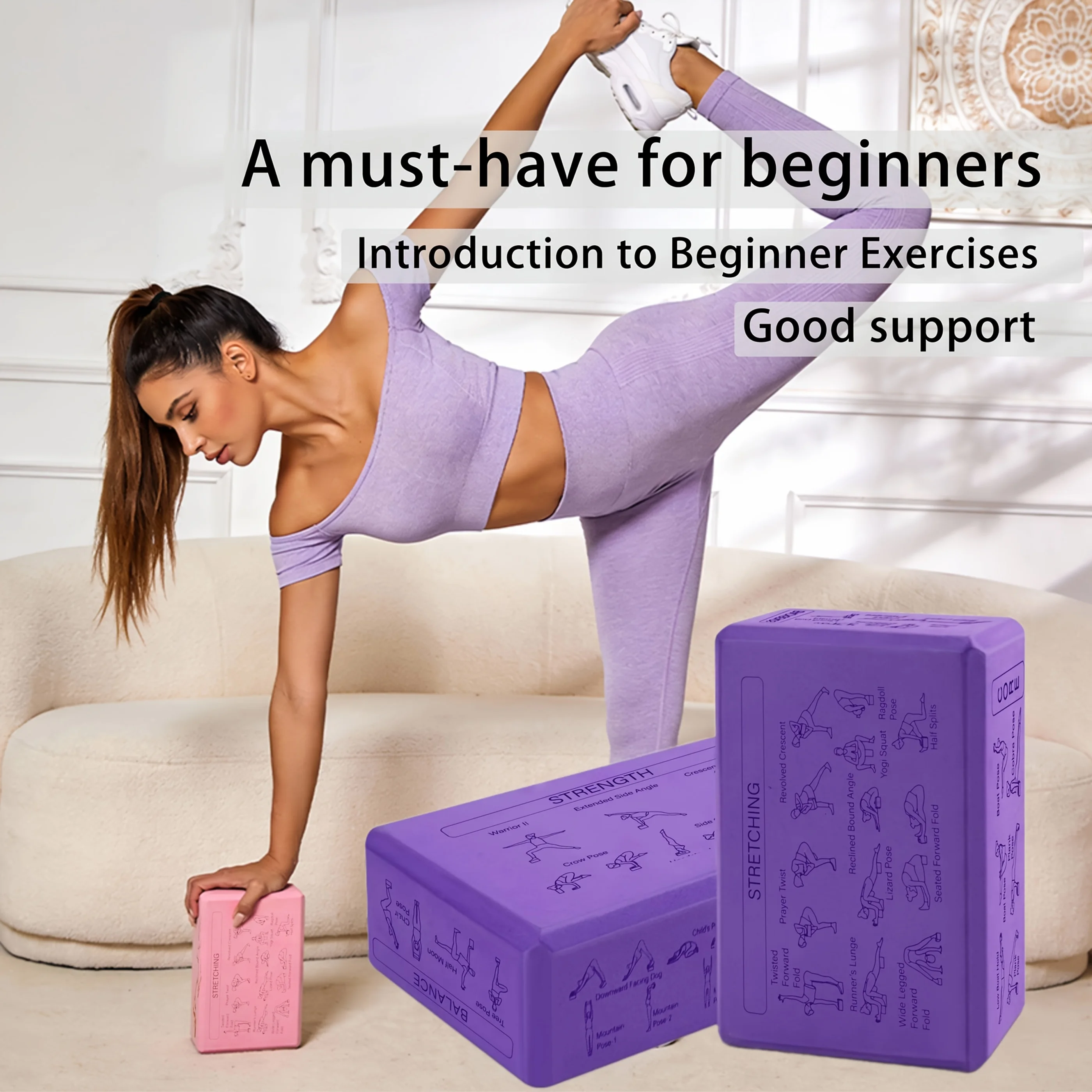 Yoga Blocks with 6-Side Pose Guide, Non-Slip Beveled Edge Beginner Yoga Brick for Yoga, Pilates & Meditation