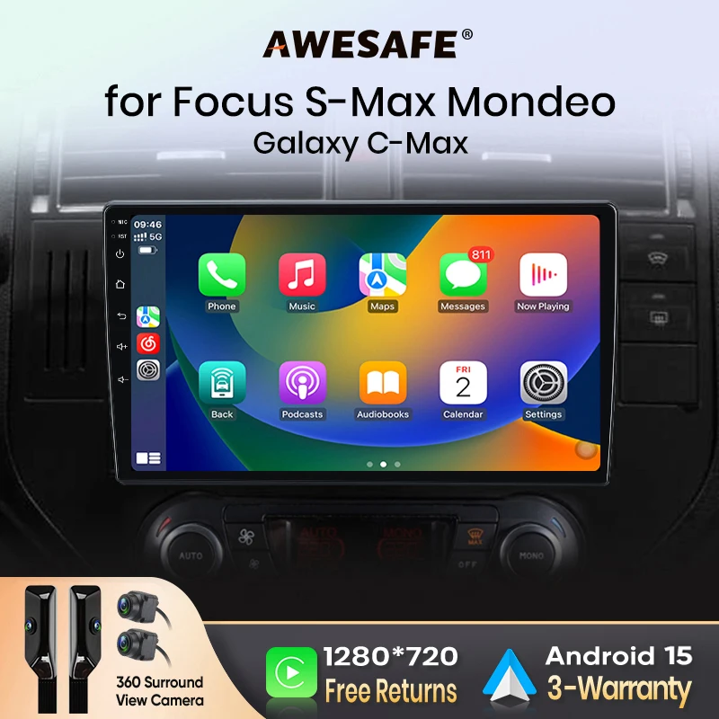 AWESAFE CarPlay sans fil Android Auto pour Ford C-MAX Mk1 (C214 Facelift) 2007-2010 Autoradio Lecteur multimédia Stéréo Wi-Fi Navigation GPS 2 Din Autoradio Systèmes intelligents pour voiture 1280*720 IPS Unité principale FM RDS DSP SWC BT Plug and Play ISO