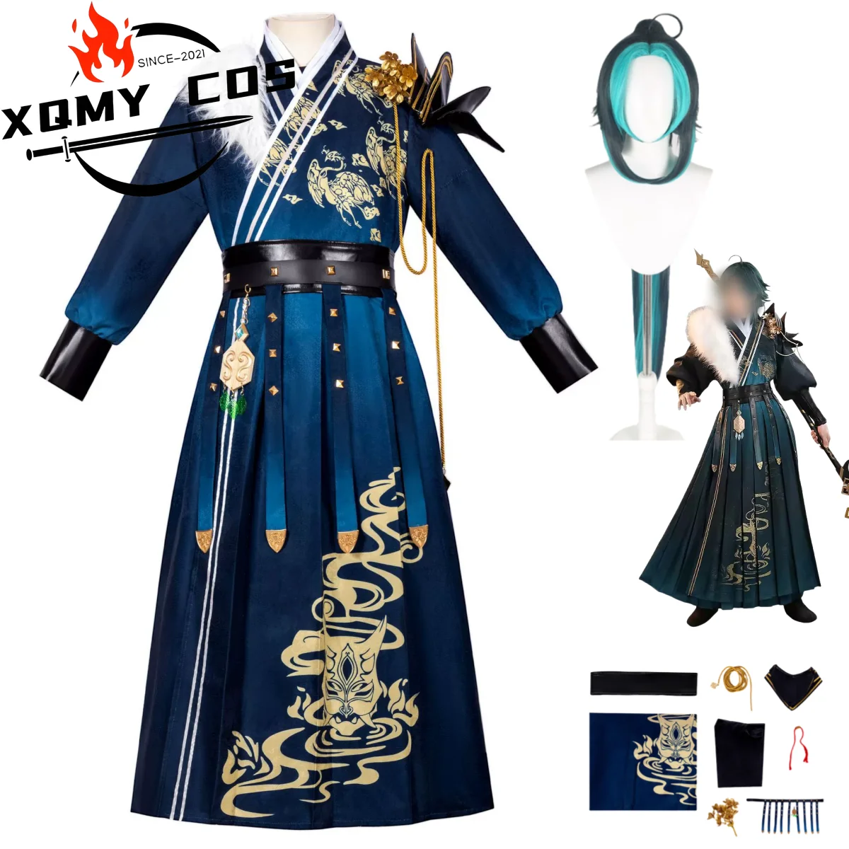 

XqAnime Game Xiao Косплей Костюм Doujin Китайский Питон Синий халат Униформа Полный комплект Парик Мужчина Женщина Традиционный фестивальный костюм