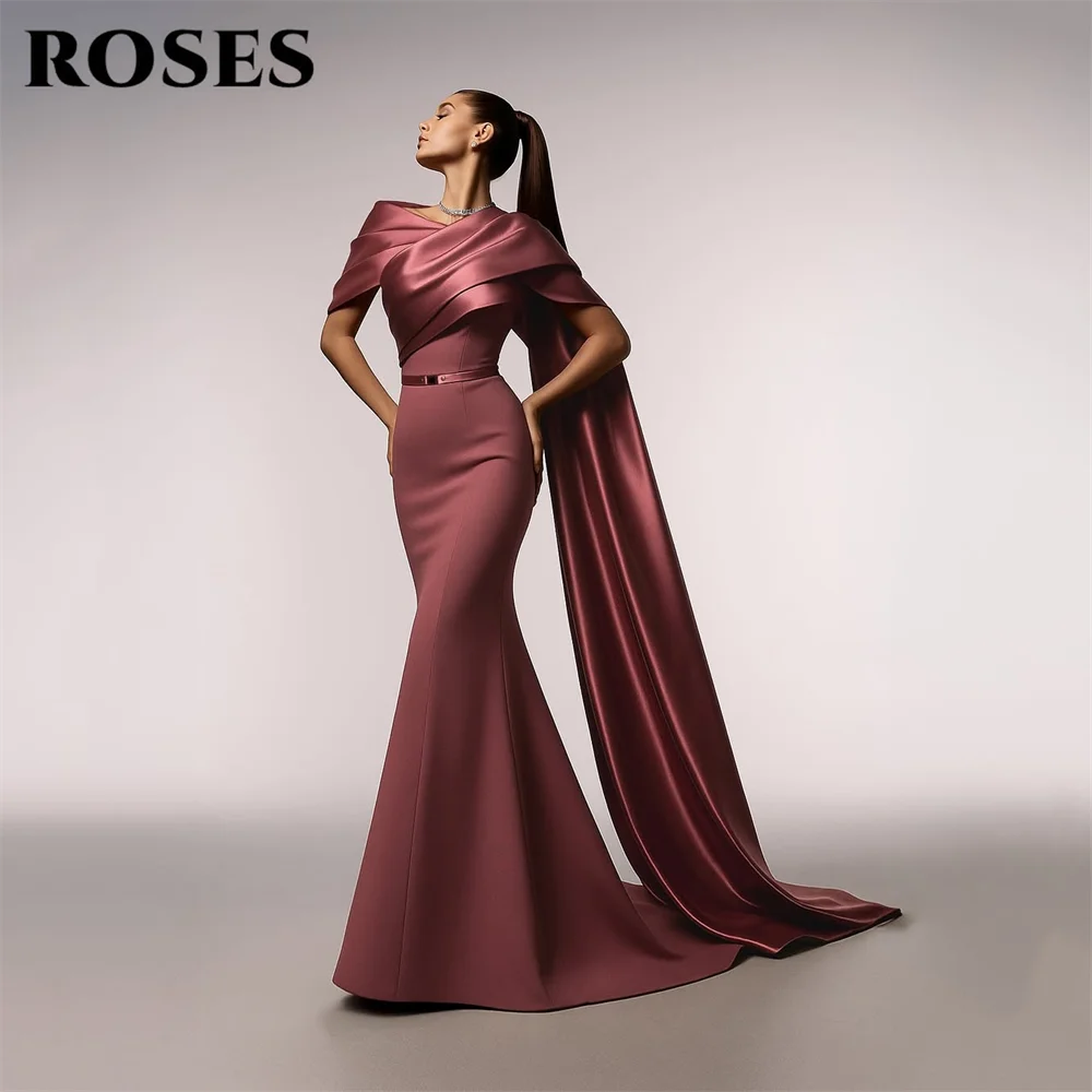 

ROSES Mermaid Prom Dresses Off the Shoulder Gala Dresses with Belt Saudi Arabic Evening Dress Ruched Satin Party Gown Customized