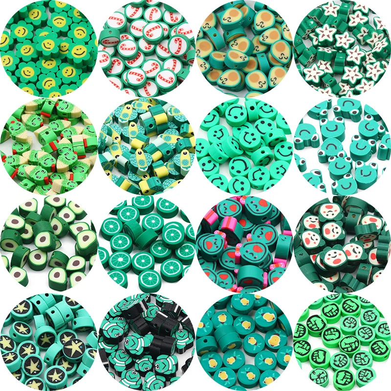 20/50/100pcs Green Clay Kiwi Sunflower Smile Animals Beads Polymer Clay Beads For Jewelry Making Diy Bracelet Earrings Keychain