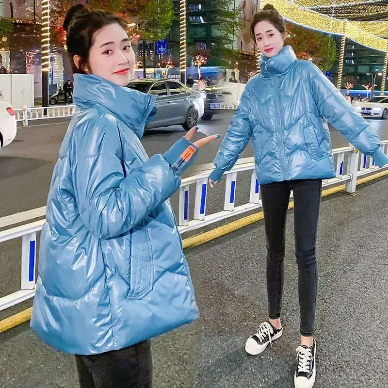 Women's cotton coat Short Stand-up collar 2021 New winter Korean version Glossy Loose Thicken Cotton puffer jacket ladies tide