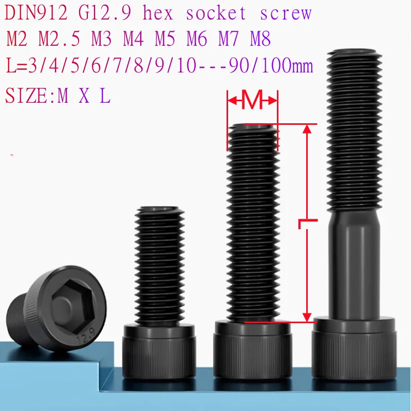 5pcs/100pcs DIN912 Hex Socket M1.6 M2 M2.5 M3 M4 M5 M6 M7 M8*3mm to 100mm G12.9 black hexagon allen Cap  Head Screw