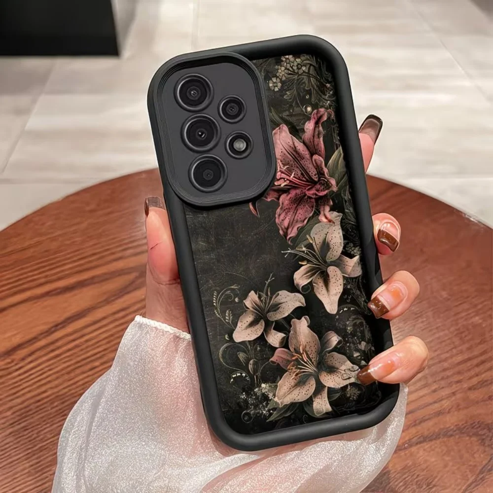 For Samsung 26 S25 S24 S23 S22 S21 S20 Ultra Plus FE 5G 2022 Dark Lily Floral Print Black Phone Case Soft TPU Shockproof Cover