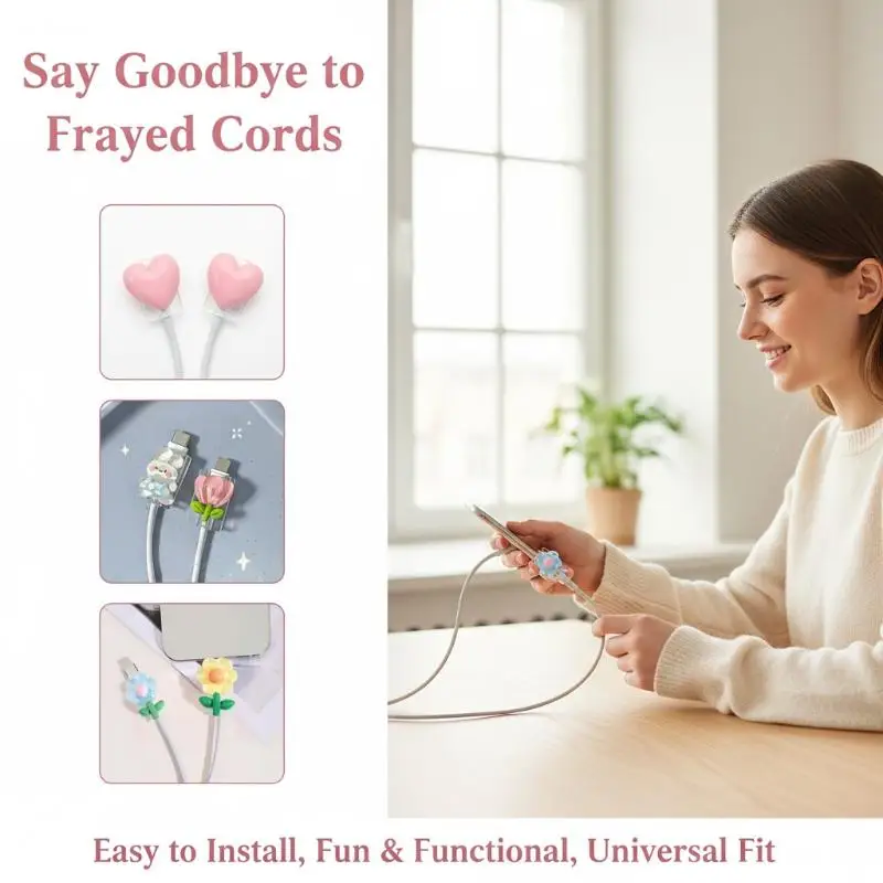 2Pcs Kawaii Cute Cartoon Cable Protector Anti‑Break Charging Cord Saver Flexible Protective Set for Cell Phone Charger Cables