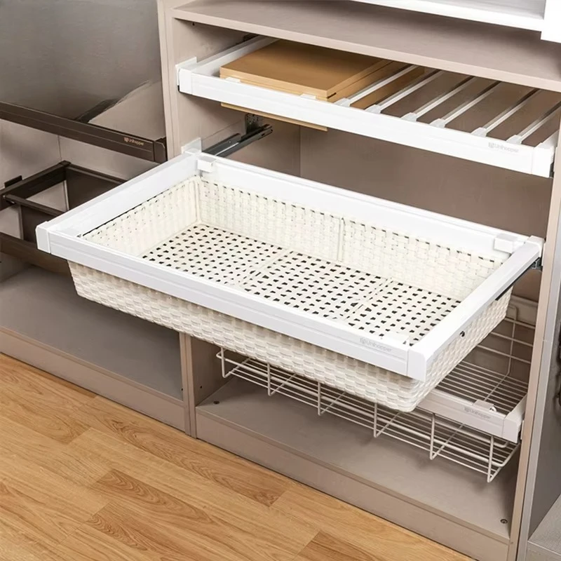 Aluminum Frame Soft Close Rattan Basket Cupboard Slide Out Wardrobe Drawer Pull Out Storage Basket
