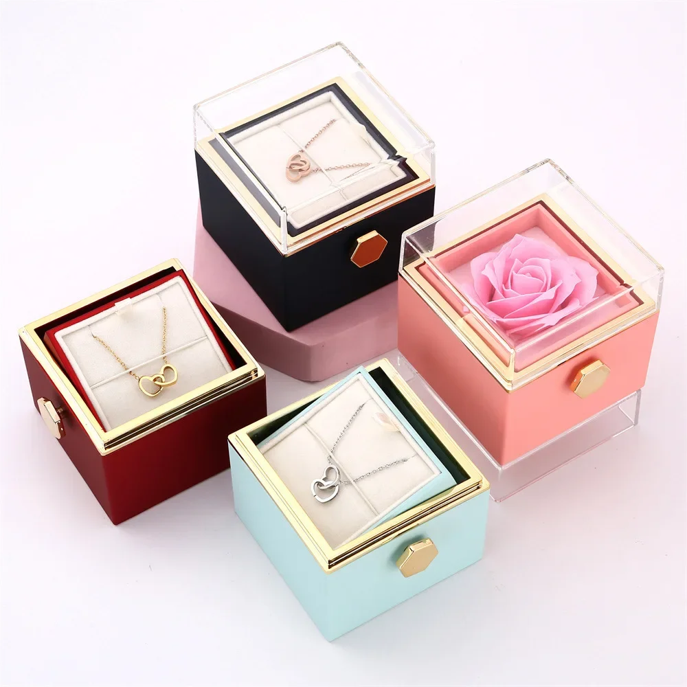 2024 New Valentine\'s Day Gift Custom for Women Double Heart Engraved Name Steel Necklace Eternal Rose Box Wedding Ring Box