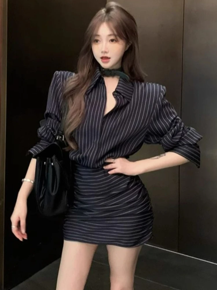 Elegante camicia coreana Abiti corti Donna 2025 Autunno Slim Designer Abito da festa a righe Abiti da sera casual femminili Y2k di lusso