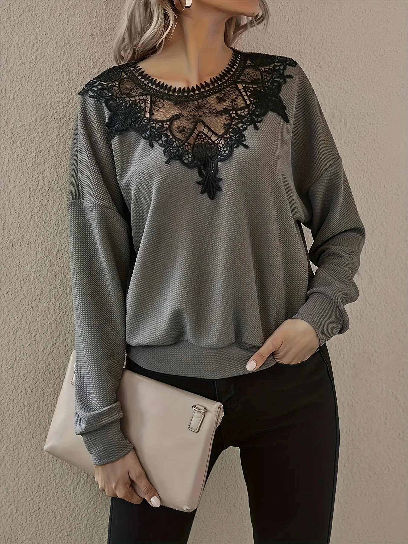 Women Fashion Gray Color Tee Shirts Casual O Neck Full Long Sleeve T-Shirts Ladies Chic Lace Knitted Tee Shirt