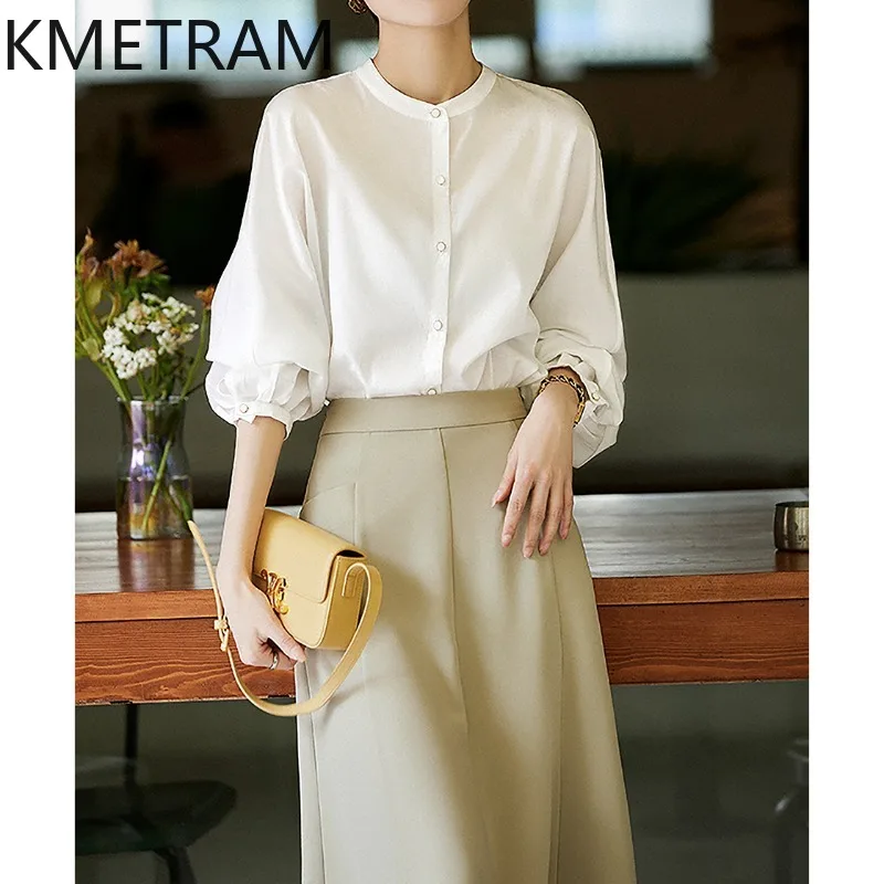 

KMETRAM 100% Cotton Shirt for Woman Elegant White Lantern Sleeves Blouse Casual Spring Tops Women Clothes 2026 рубашка женская