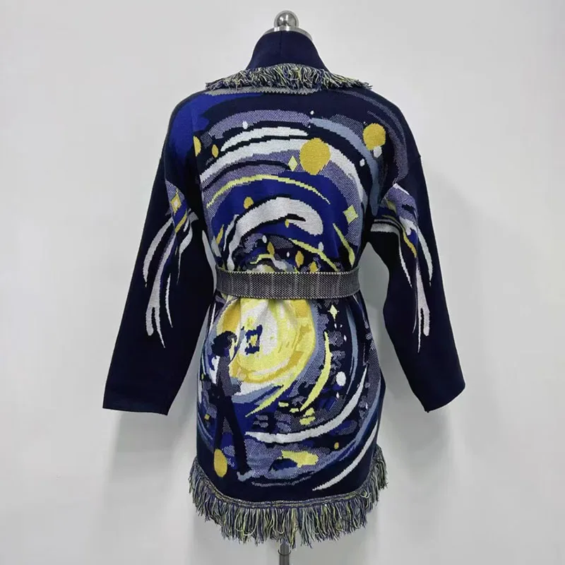 Cardigan feminino com franjas jacquard e gola frontal, jaqueta suéter casual elegante, jaqueta de alta qualidade, inverno, recém-chegado,