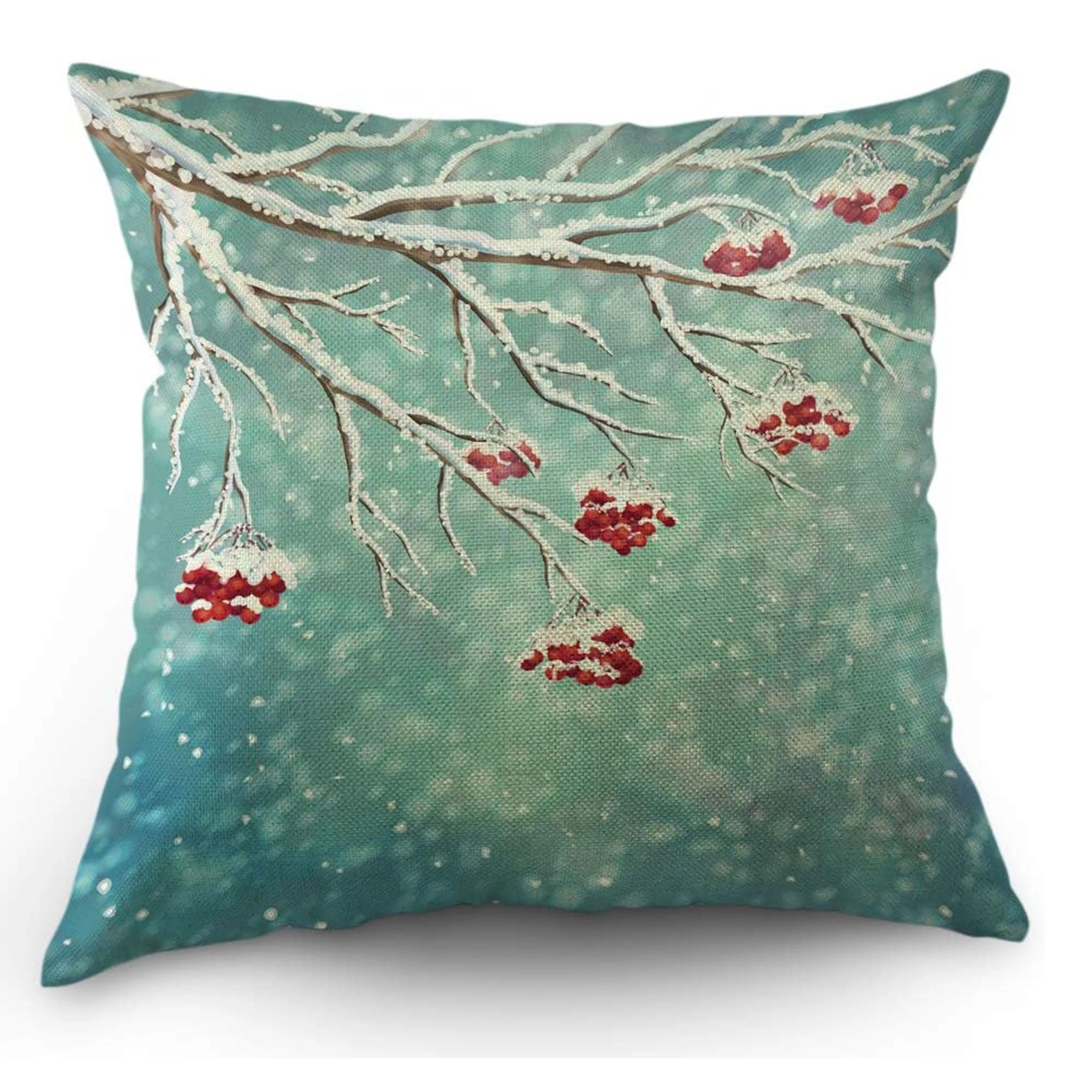 Contemporary Linen Throw Pillow Cover with Zipper Closure - Winter Twig Design, Snowfall, Christmas Decor,Machine Washable,Woven