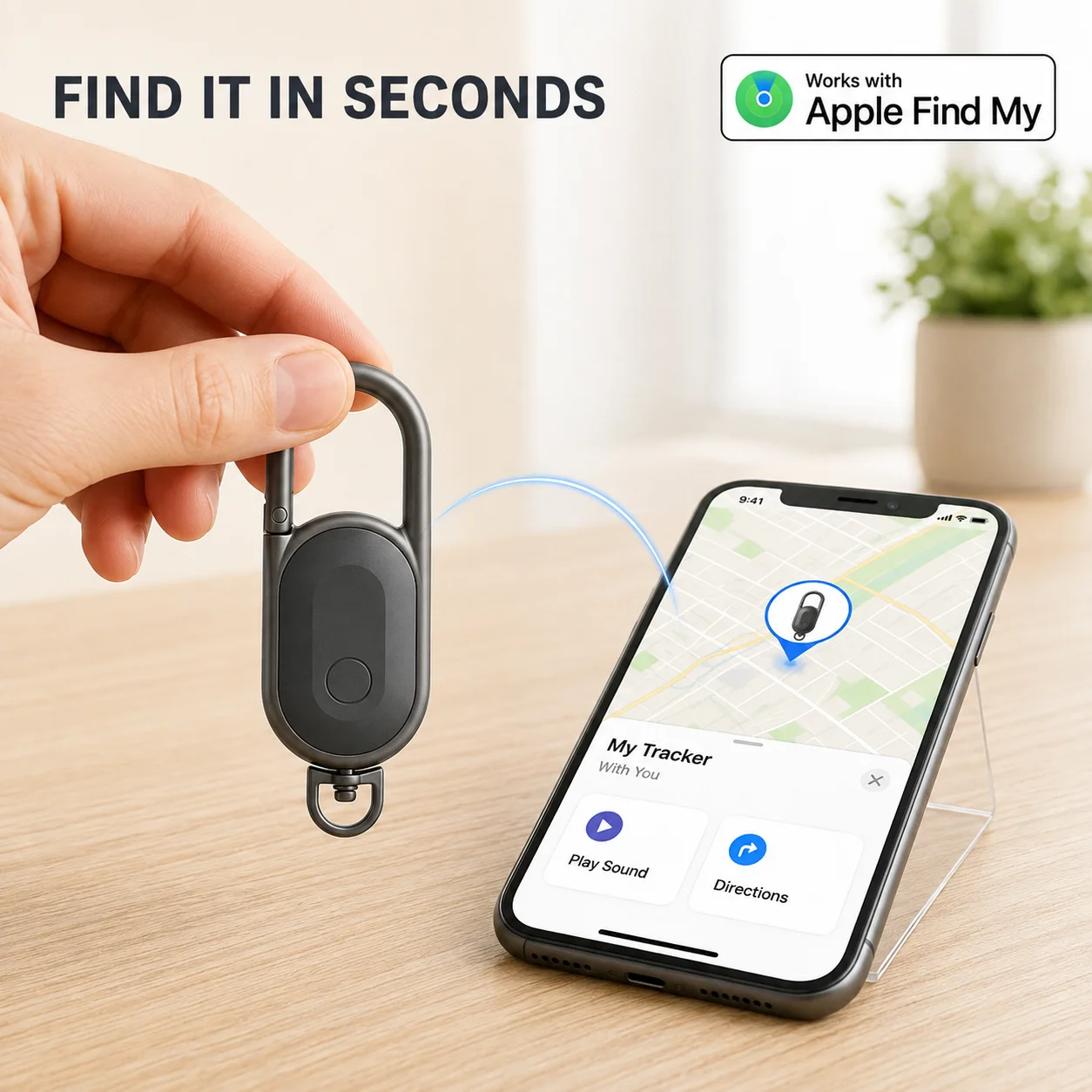 Anti-lost GPS Tracker Smart Carabiner Key Chain Keyring with Find My Tracker for Apple iOS, Attach to Car Key Fob, Wallet, Pet