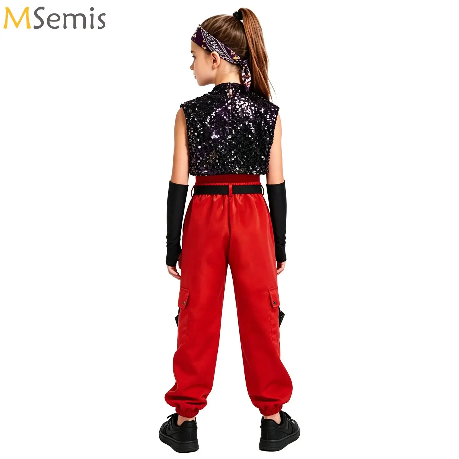 Girls Hip Hop Jazz Performance Costume Set Street Dance Outfits Shiny Sequins Bodysuit Pants Belt and Gloves Unisex Kids Suits