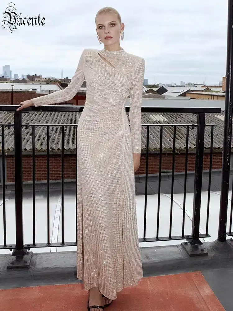 VC Women Champagne Sequin Maxi Dress – Long Sleeve Elegant Evening Gown Slim Fit Gala Dinners Party Gown Wedding Guest Dresses
