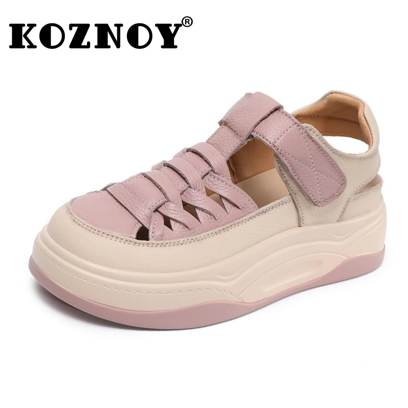 

Koznoy 4,5 см плетеные женские сандалии из коровьей кожи, тапочки, туфли Мэри Джейн на плоской подошве, летние туфли на танкетке с крючками