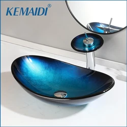 KEMAIDI Bathroom Sink Countertop Basin Bowl with Faucet Washroom Vessel Vanity Sinks Tempered Glass Basin Washbasin Faucet Set