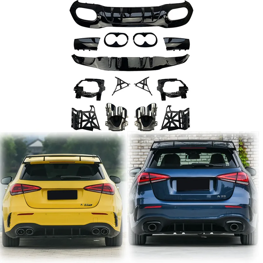 

2019 To 2023 For Mecerdes Benz A Class W177 A45 A35 Style Rear Diffuser Rear Bumper Splitter Lip Exhaust Pipe Tips ABS Body Kit