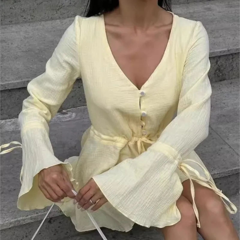 Women's Butter Yellow A-line Slim Shorts Jumpsuits Chic Long Flare Sleeve Drawstring Tie High Waist Outfits Lady Chic Streetwear