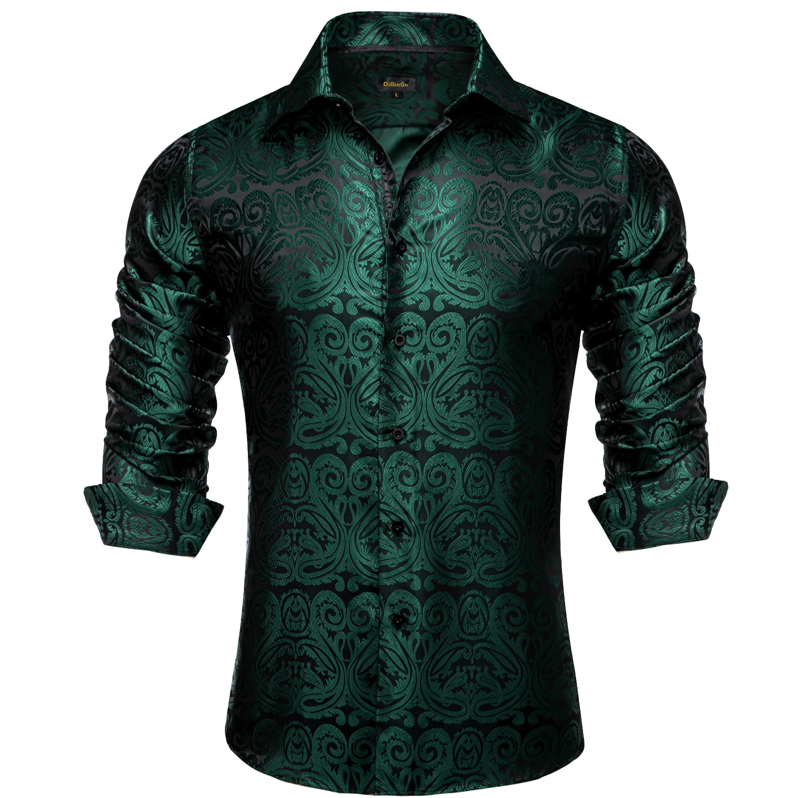 

Green Paisley Solid Silk Polyester Luxury Long Sleeve Dress Shirts for Wedding Prom Turn Down Collar Shirt Brand Men Clothing