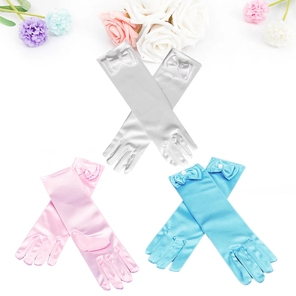 

1Set Long Satin Gloves Durable Material Kids Party Gloves Bowknot Cuff Wedding Ballet Photography White Pink Light Blue