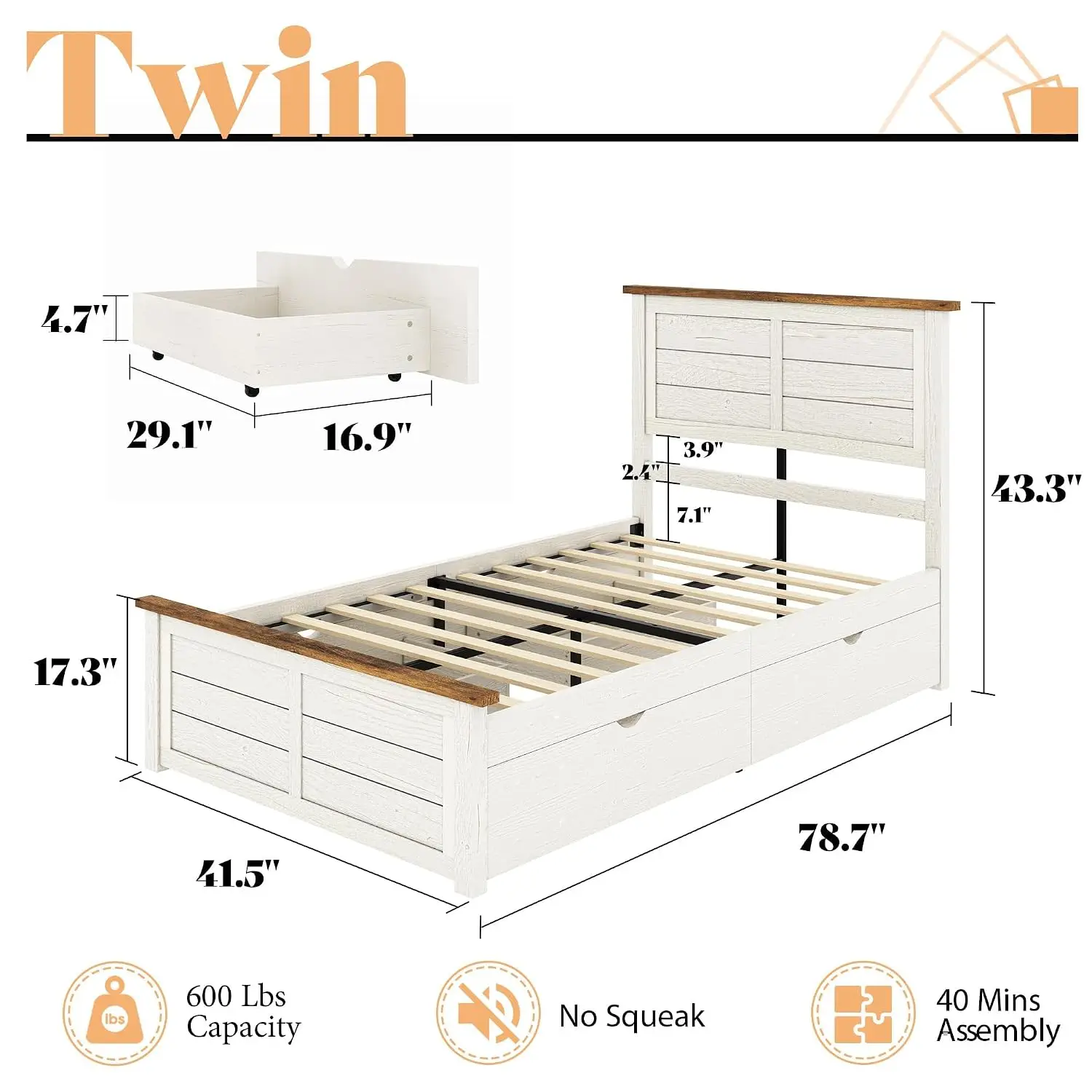 Farmhouse Twin Size Bed Frame with 43.3