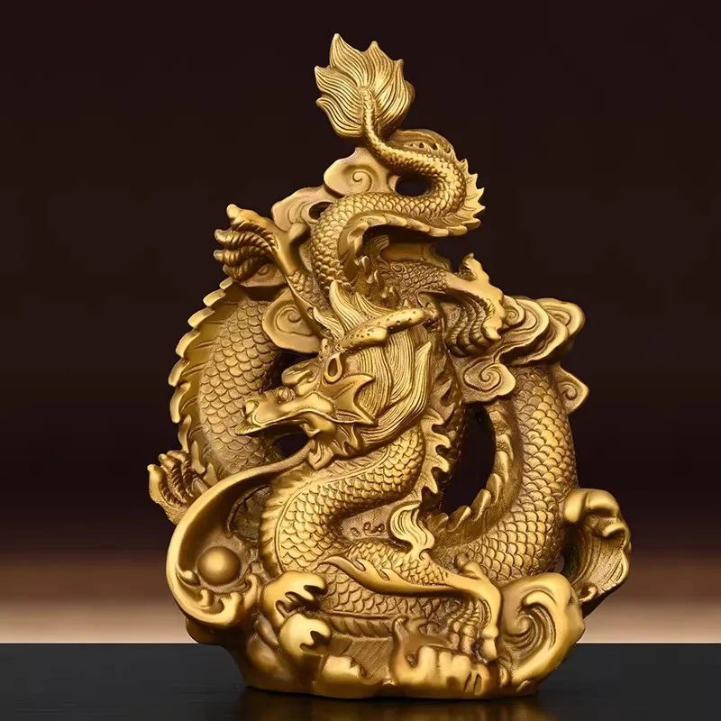 Imperial Five-Clawed Dragon Playing with Pearl - Solid Copper Coiling Column Sculpture, Supreme Feng Shui for Career Breakthroug