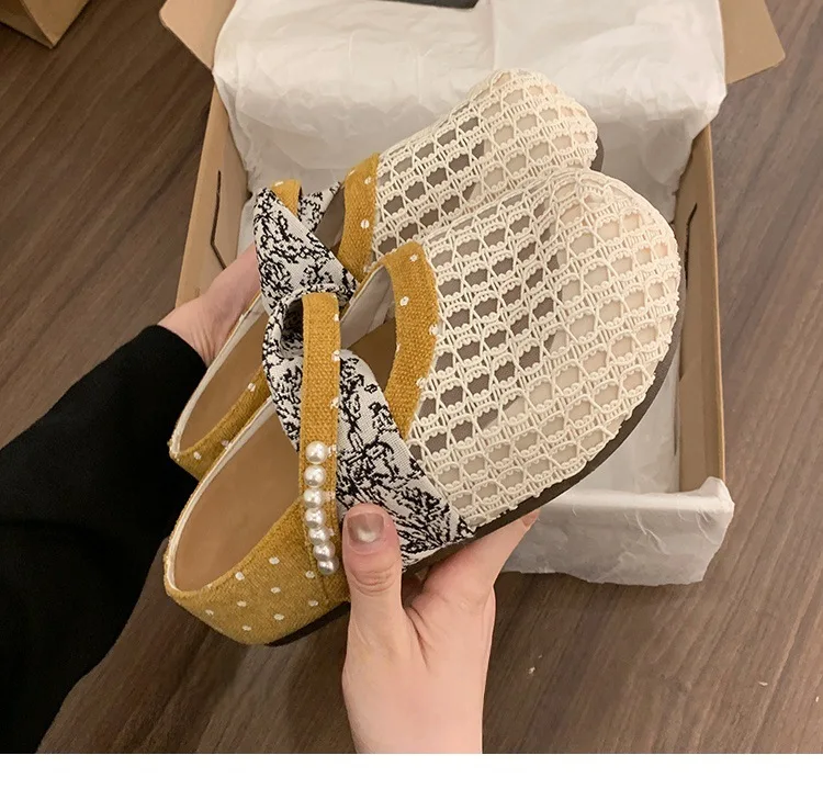 Atmungsaktive Mesh-Halbpantoffeln für Damen, Französische Polka-Dot-Perlen-Slip-On-Slides, Weiche Sohle, Geschlossene Zehenpartie, Geeignet für Breite Füße – Detail 24