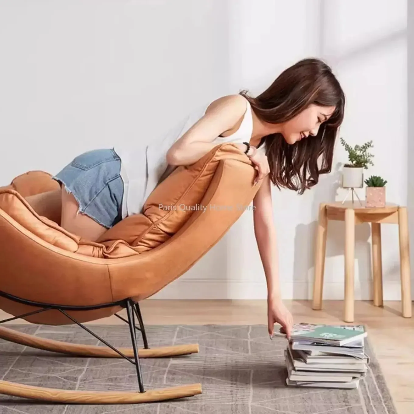 Rocking Chair Single Lazy Sofa, Solid Wood Base with Footrest,Living Room Balcony Bedroom Leisure Recliner,  Home Furniture