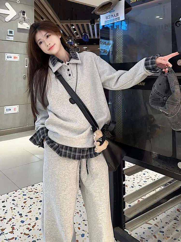 

American Casual Two-Piece Set Fake Two-Piece Long-Sleeved Sweatshirt Long Wide-Leg Pants Women Spring Autumn New Niche Suit