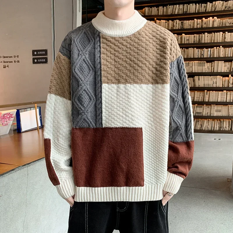 Autumn Winter Men Warm Top Sweater New Casual Patchwork Color Matching Pullover Round Neck Sweater Male Fashion Knitted Clothing