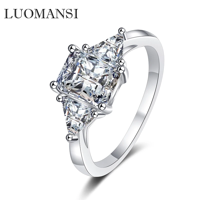 

Luomansi S925 Silver Women Ring Super Flash 1+2 Carat Rectangular All Moissanite Pass Diamond Test Jewelry Wedding Party Gift