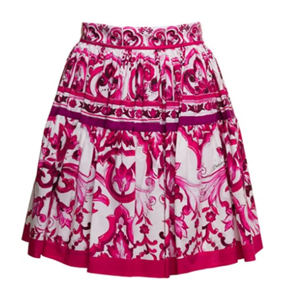 HIGH QUALITY Summer Women Fuchsia And White Porcelain Print Cotton Corset Top and Mini Skirt Set Fashion Holiday Outfit 2024