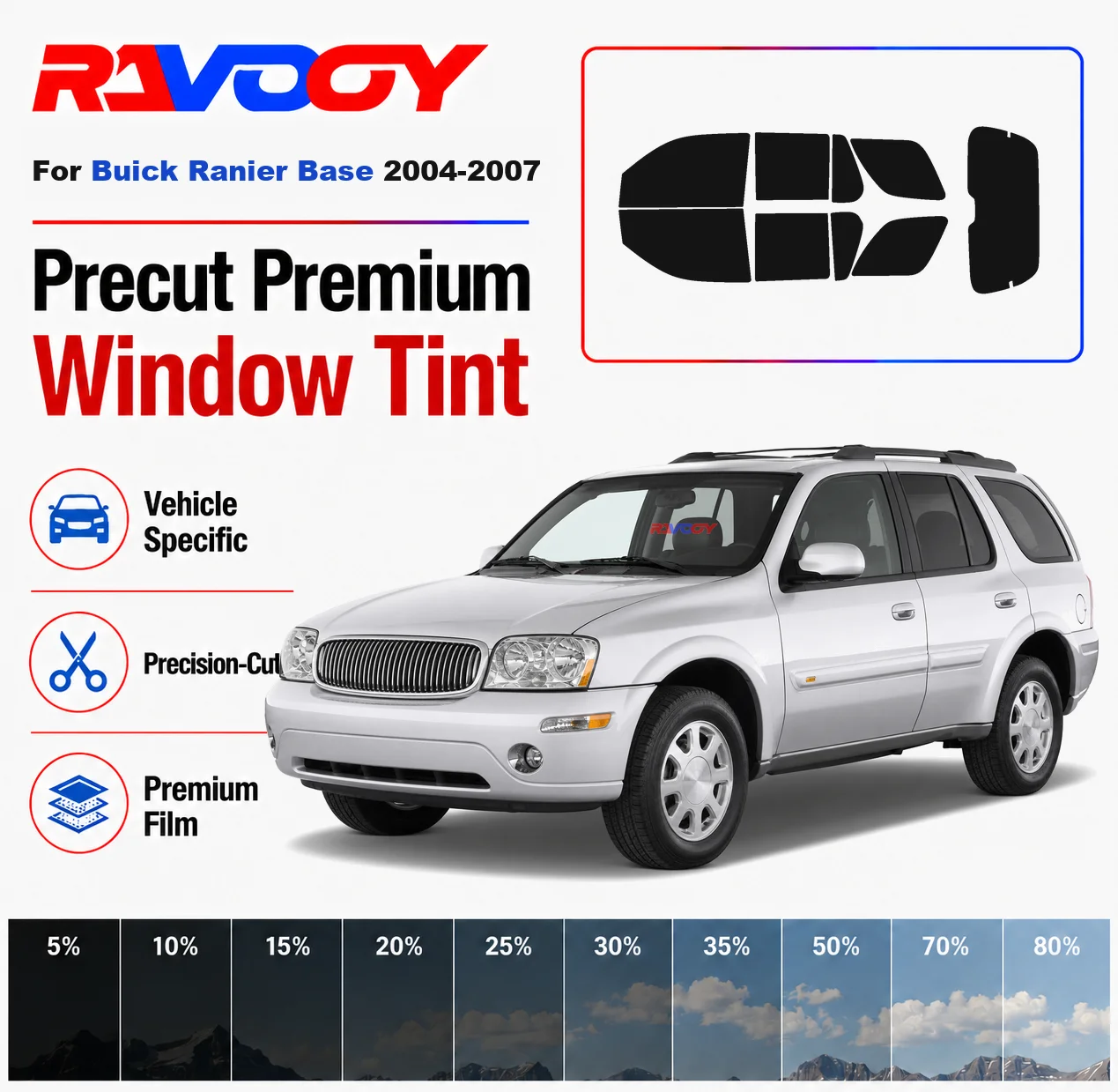 Premium Precut Window Tint Kit Front Rear Windows Rear Windshield For Buick Ranier Base 2004-2007 Complete Set Nano Ceramic Film